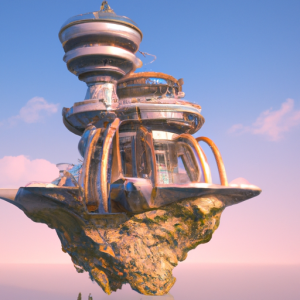3d render of a floating futuristic castle in a cle